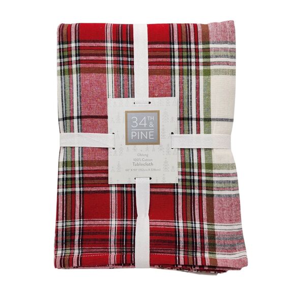 34Th & Pine Red Green Cream Tartan Plaid Cotton Tablecloth 60x90in Oblong NEW - Picture 4 of 8